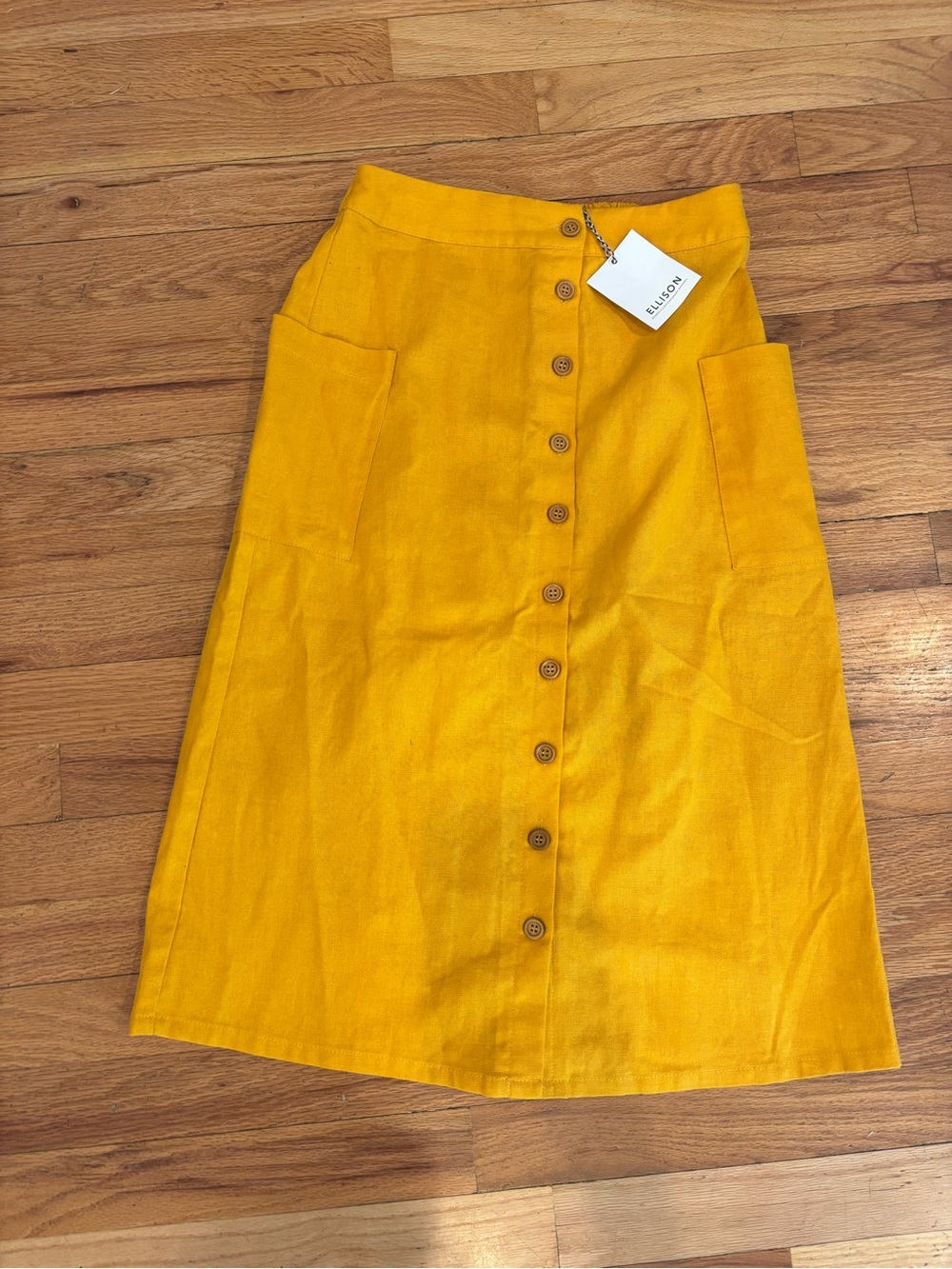 Ellison Yellow Button-Front A-Line Skirt with Patch Pockets